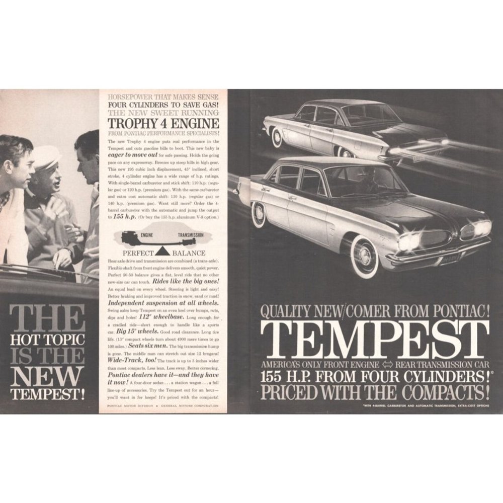 1961 Pontiac Tempest Trophy 4 Engine 2 Page Vintage Print Ad Classic Car Art